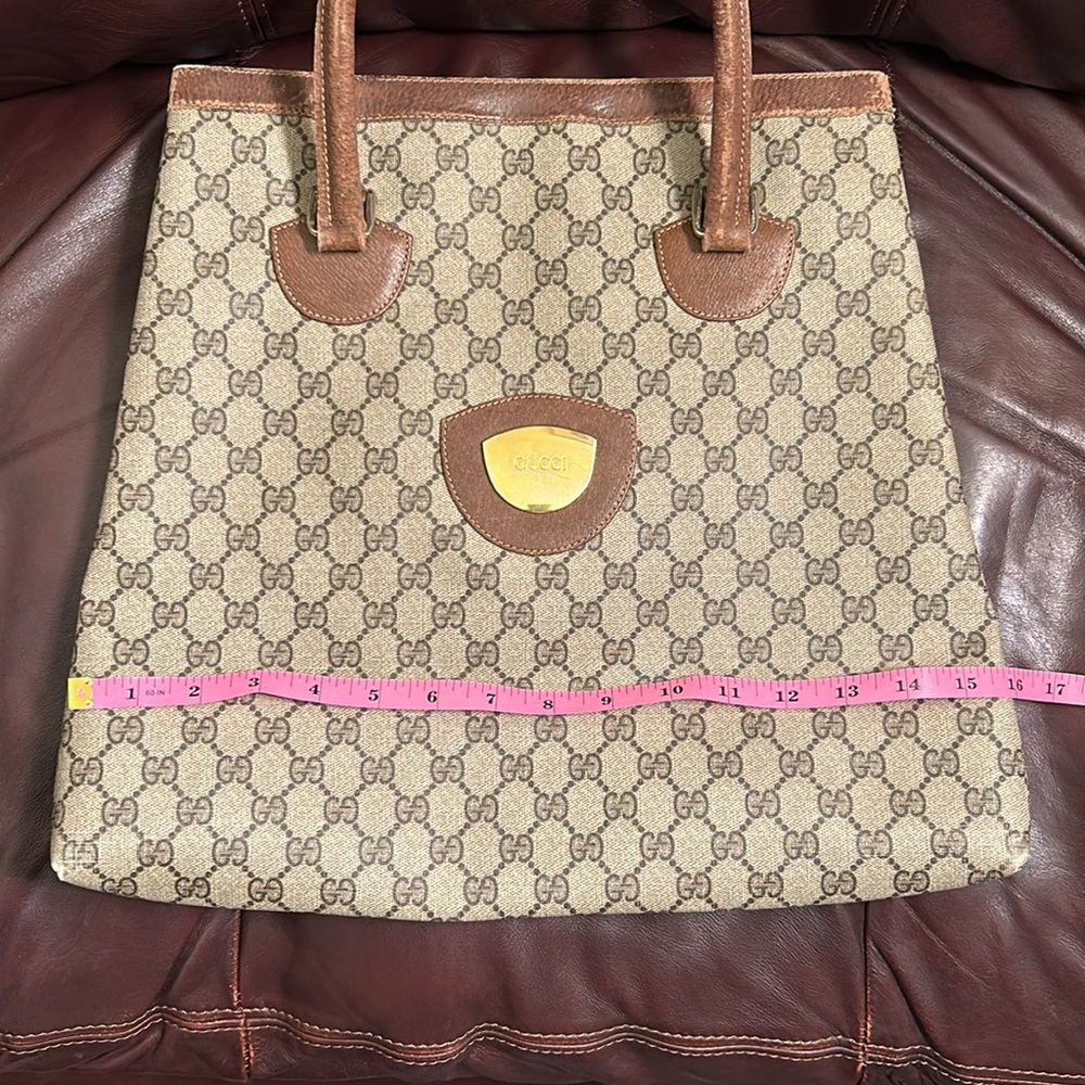 Vintage Gucci Supreme Beige Brown Fabulous Tote Bag Leather Handle Gold Accents - Picture 9 of 16